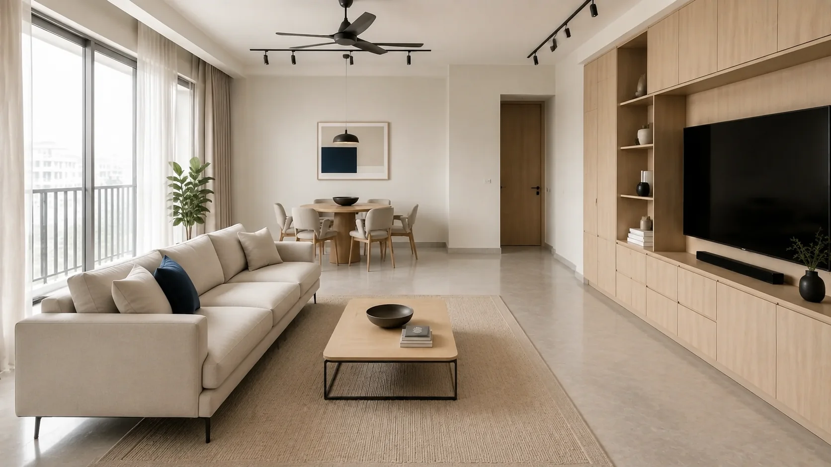 Daylight Oak living-room concept with an oatmeal sofa facing a pale-oak TV wall and dining area beyond