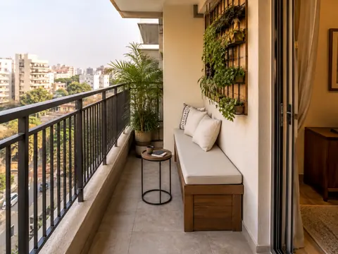 The narrow garden ledge: Linear bench against wall, Outdoor-rated timber and Cream outdoor fabric