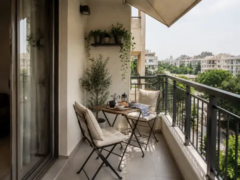 Breakfast in the shade: Folding table and chairs, Powder-coated steel and Light timber