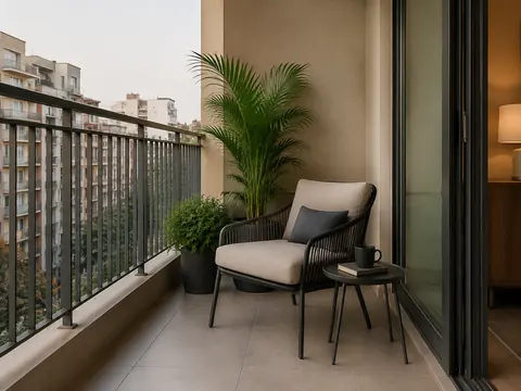 The reading balcony: Single lounge chair layout, Outdoor rope weave and Aluminium frame