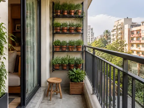 The herb-growing balcony: Wall rack and compact seat, Powder-coated metal and Terracotta pots