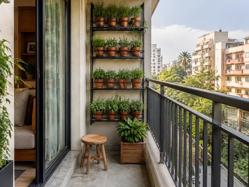 The herb-growing balcony: A herb rack concentrates small pots against the wall, preserving floor area for access and routine care.