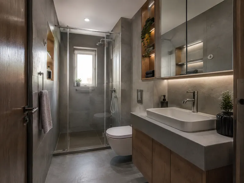 The compact shower room: A shower at the far end gives a compact bathroom a clear sequence, with storage concentrated beside and above the basin.