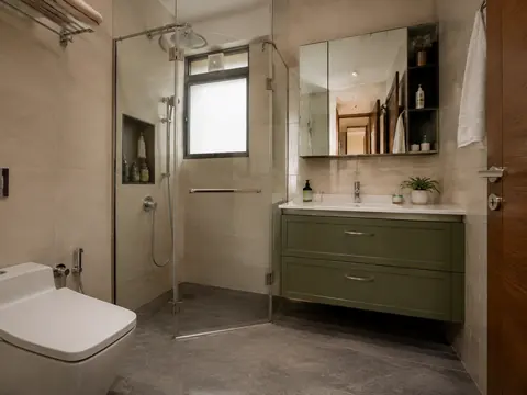 Sage vanity bathroom: Corner shower layout, Sage vanity fronts and Ivory wall tile