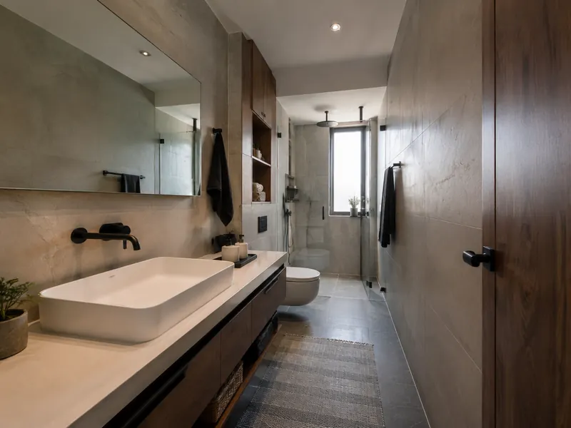 The long narrow bathroom: Fixtures organised along one side preserve a continuous route through a long narrow bathroom.