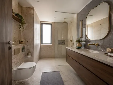 Warm terrazzo bathroom: Shower and vanity opposite, Terrazzo-look porcelain and Walnut-look vanity