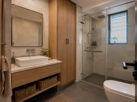 The family storage bathroom: Vanity wall and enclosed shower, Cream porcelain and Oak-look cabinetry