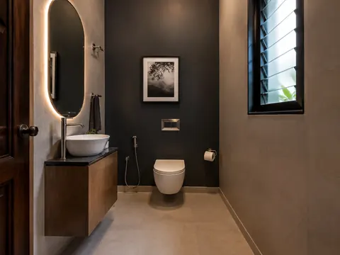 Ink and stone powder room: Basin and toilet, Ink wall paint and Stone-look counter