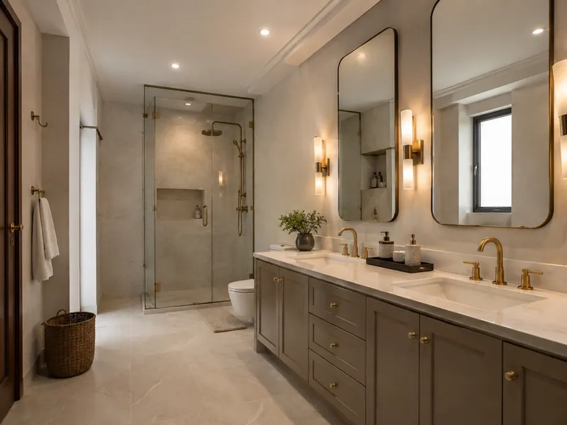 The dual-user bathroom: Twin basins give two people a place for morning routines while the shower sits in its own clearly defined area.