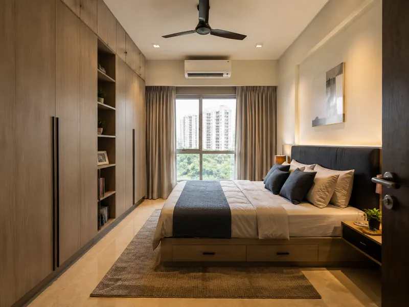 Wardrobe-wall bedroom: Storage is concentrated on one wall so a compact bedroom can keep its sleeping area visually quiet.