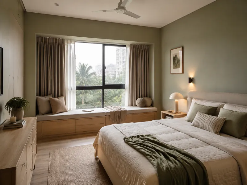Window reading bedroom: A window bench adds a place to read and stores extra bedding without introducing another large cabinet.