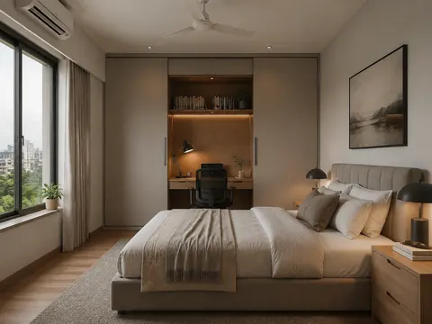 Workday-to-rest bedroom: Bed with concealed desk, Oak laminate and Putty fronts