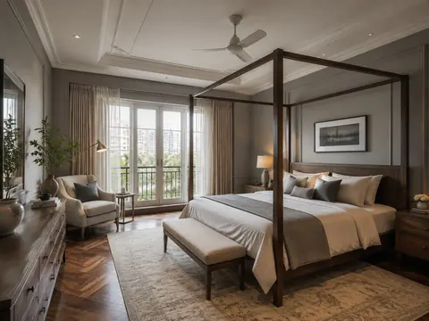 Modern four-poster retreat: Light four-poster bed, Slim stained timber and Natural linen