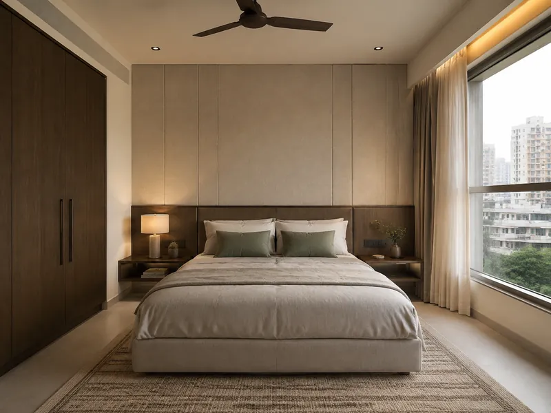 The linen headboard room: A restrained upholstered wall makes the sleeping area comfortable without using thick decorative panels around the whole room.