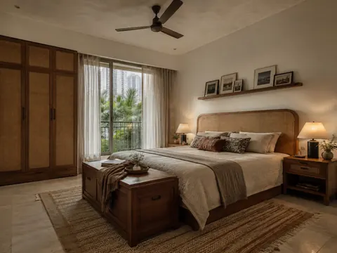 Indian craft bedroom: Bed and cane storage, Teak-look timber and Cane panels