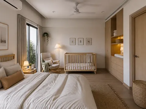 Bedroom and nursery corner: Bed with separate cot zone, Pale birch and Warm white paint