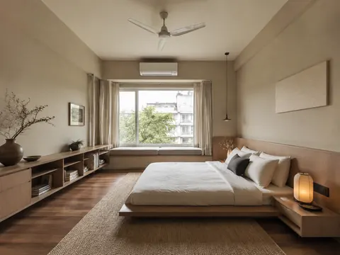 The low platform room: Low bed with side access, Ash veneer and Oat cotton