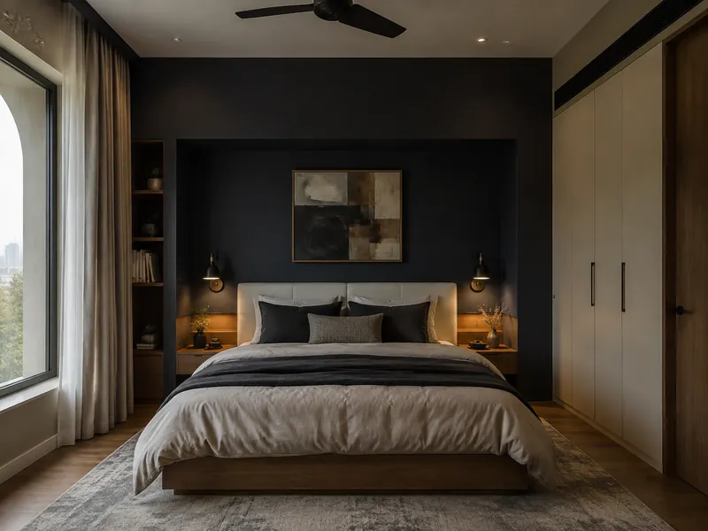 Evening ink bedroom: An ink-toned alcove gives the bed a defined setting while pale wardrobes prevent the room from feeling uniformly dark.