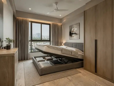 Storage-bed suite: Lift-storage bed, Oak laminate and Grey fabric