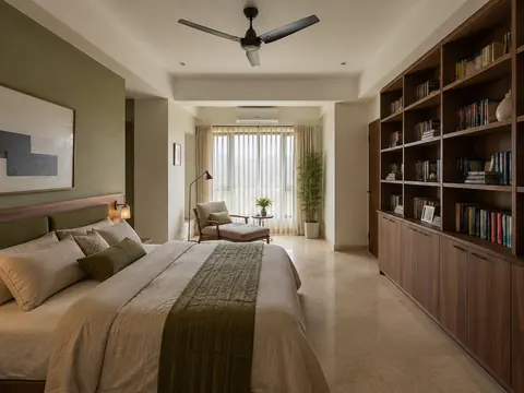 The booklover bedroom: Bed with library end wall, Walnut shelves and Oat linen