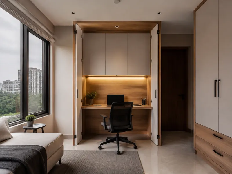 The closing work nook: A cabinet workspace closes after work so a compact living or bedroom can return to its other uses.