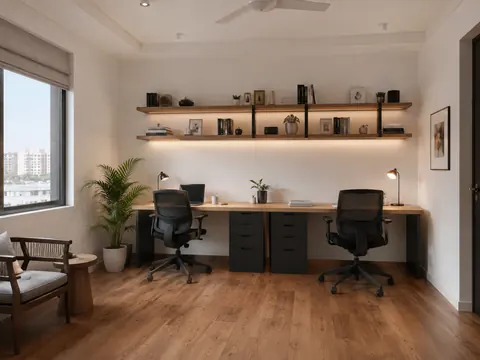 Shared two-person office: Long double desk, Oak worktop and Ink drawer units