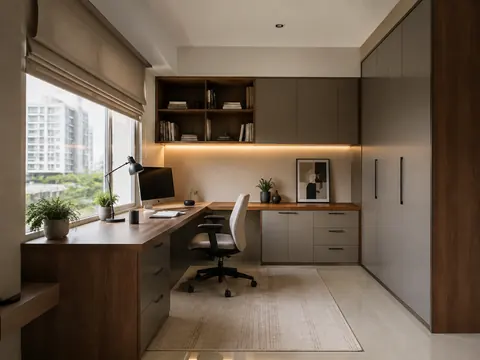 The corner workstation: L-shaped desk, Walnut veneer and Putty fronts