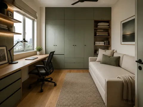 Study and guest room: Desk with sofa bed, Sage cabinetry and Oak worktop