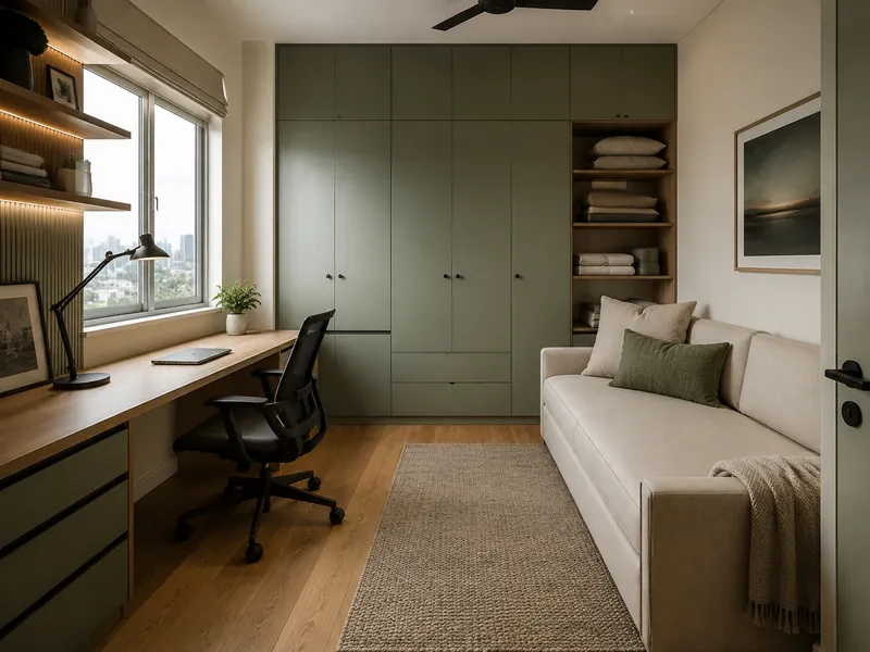 Study and guest room: A focused work area shares a room with an occasional guest bed, with linens stored beside the sleeping zone.