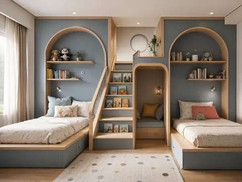 Twin beds and the story stair: Parallel twin beds with stair bookcase, Pale oak laminate and Dusty blue panels