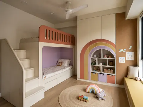 The rainbow bunk wall: Built-in bunk wall with side stair, Ivory laminate and Terracotta, mustard and lilac fronts