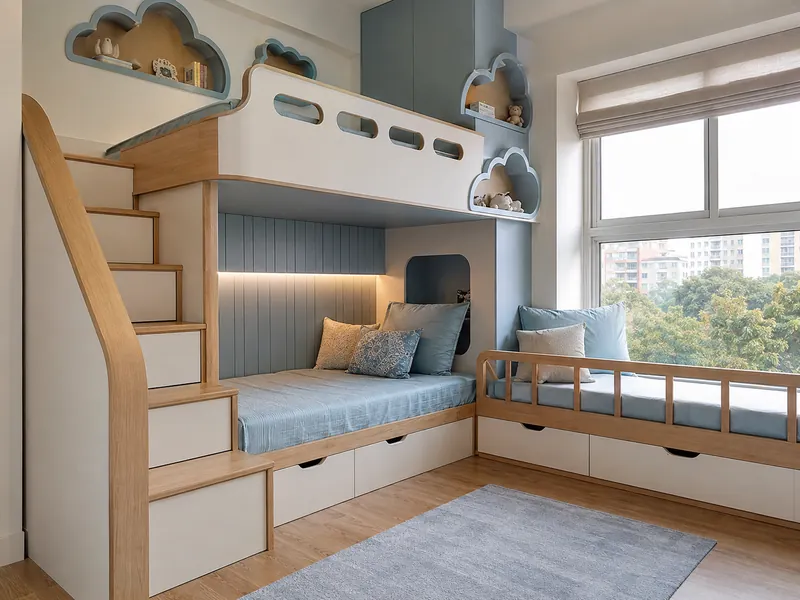 Cloud window bunk: A low bunk runs beneath a daylight window, with cloud-shaped open shelves and a protected reading bench.