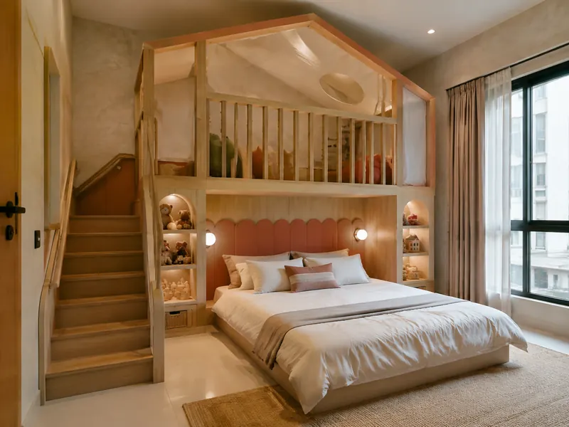 The double-bed play wall: A double bed sits against a playful built-in wall with a raised canopy, toy niches and a parent-friendly clear route.