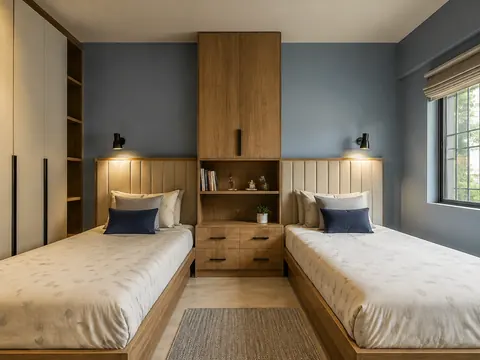 Shared twin room: Parallel single beds, Oak laminate and Muted blue paint
