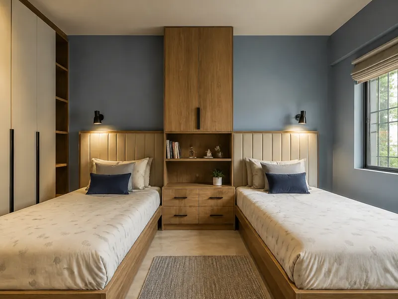 Shared twin room: Two beds with individual reading lights give siblings their own sleeping places while a shared cabinet reduces duplicate furniture.