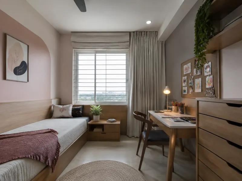 The creative studio room: A separate art table and organised drawers give creative projects a place to continue without taking over the sleeping area.
