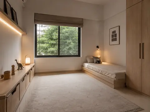 Play-floor room: Low bed and open centre, Pale ash and Warm white paint