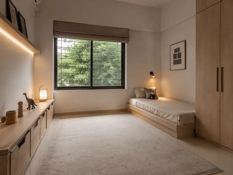 Play-floor room: Low storage and a restrained bed footprint preserve a useful play area in the centre of a compact child's room.