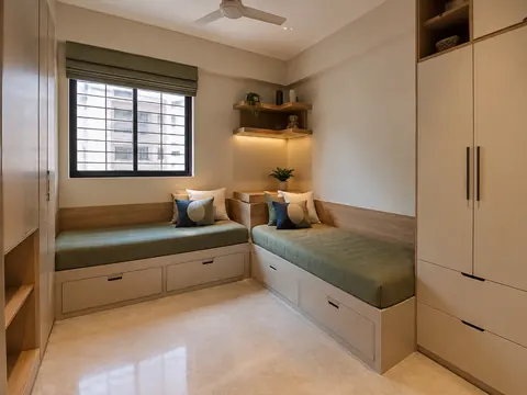 Shared corner beds: L-shaped twin beds, Oak laminate and Sage fabric