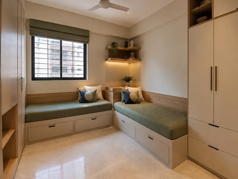 Shared corner beds: Two single beds turn a corner to free a larger central area for play or shared activities.