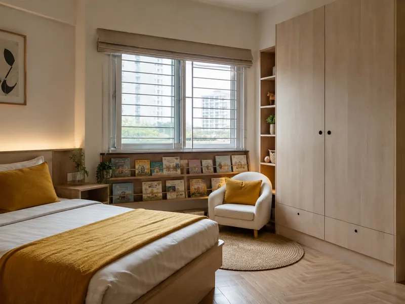 Reading and imagination room: Books face outward beside a small reading chair, giving reading a visible place in the room without covering every wall in shelving.