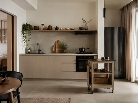 Open shelf studio kitchen: Straight, Ash veneer and Oat laminate