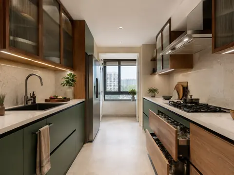 Two-cook kitchen: Parallel, Deep green laminate and Ivory quartz