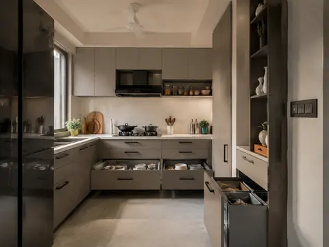 All-drawer kitchen: U-shaped, Warm grey laminate and Black hardware