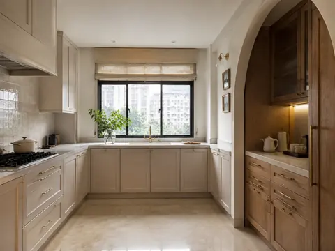 Arched pantry kitchen: U-shaped, Putty cabinet fronts and Oak pantry doors