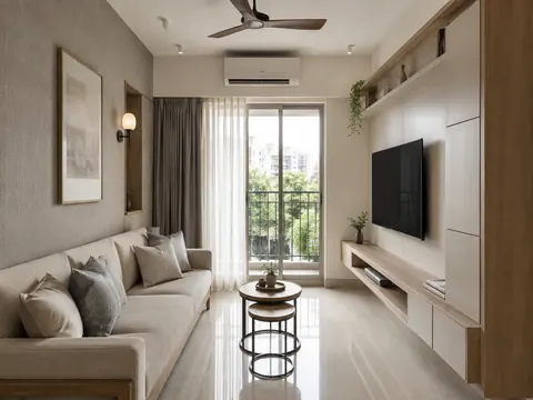 The slim media wall: Linear seating, Ivory laminate and Ash veneer