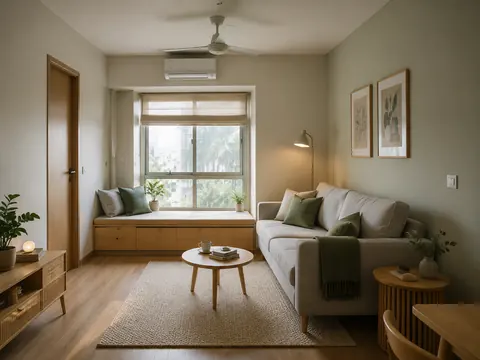 Window-seat living: Window bench and sofa, Pale oak and Washable cotton
