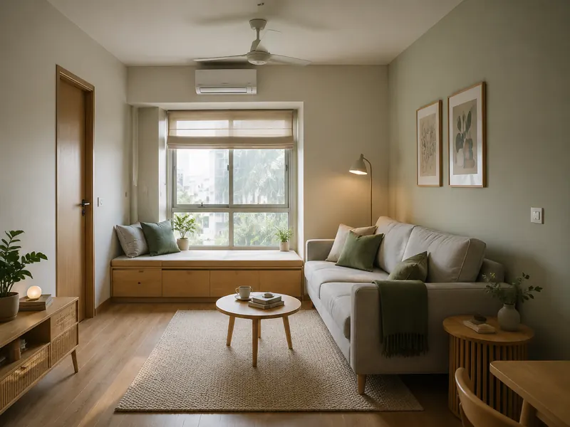 Window-seat living: A window bench adds occasional seating and low storage beside a compact sofa, making the most of a daylight edge.