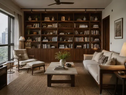Library lounge: Sofa facing book wall, Walnut veneer and Oat upholstery