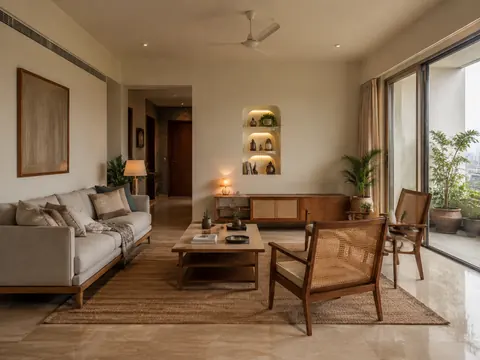 Indian craft living: Sofa and cane chairs, Cane panels and Teak-look timber